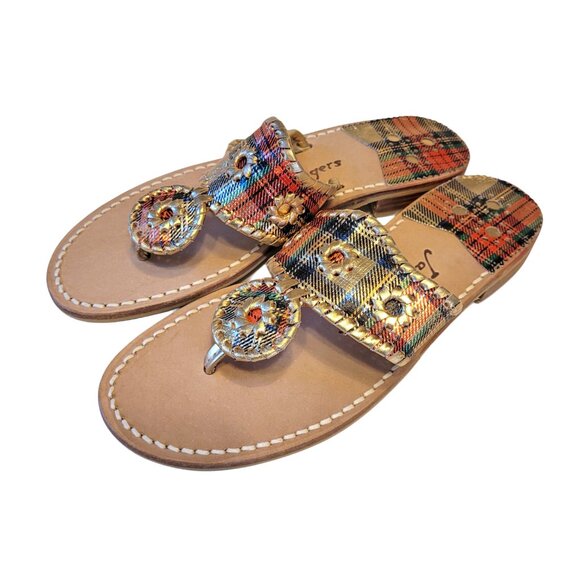 Jack Rogers NEW Holiday Tartan Plaid Metallic Whipstich Thong Sandals - Picture 1 of 8